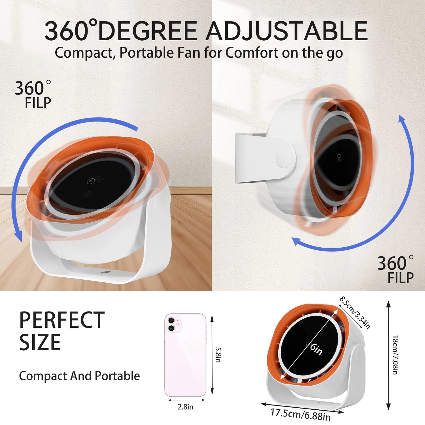 Portable Desktop Fan, Touch Screen 360° Adjustable